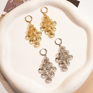 Exaggerated gold and silver multi-layer leaf tassel earrings with rhinestones