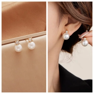 Detailed view of gold pearl earrings with zircon stud and a model wearing the jewelry