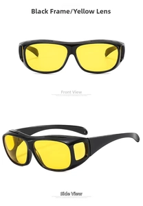 Detail view of yellow lens night vision over-glasses with black frame and side windows