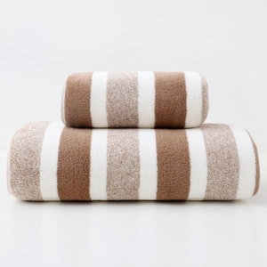 Close-up of 6-piece towel set featuring brown striped patterns and soft terry texture