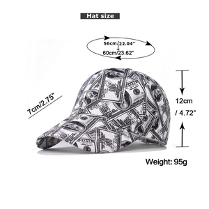 Detailed size chart for street-style baseball cap featuring dollar bill print design