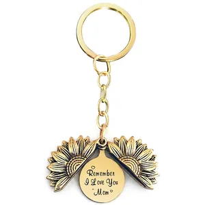 Detail of sunflower locket keychain with Remember I Love You Mom engraving in gold metal
