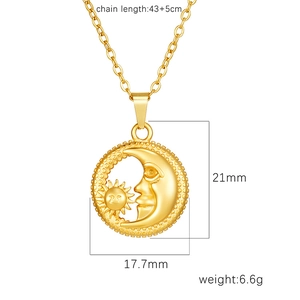 18K gold stainless steel necklace with sun and moon pendant, 43+5cm chain length