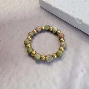 Adjustable 3mm unakite natural stone and gold bead elastic ring with a forest style