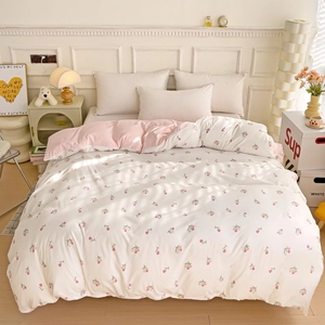 Floral cotton duvet cover with pink tulips on white fabric and soft pink lining