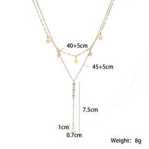 Detailed size chart of a 18K gold-plated double-layer star tassel necklace with dimensions