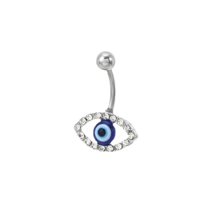 Silver evil eye navel ring with blue center and sparkling crystals on white background