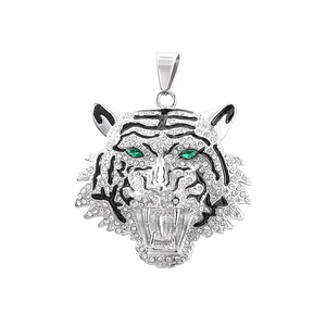 Hip hop silver tiger head pendant with white crystals and green gemstone eyes for men
