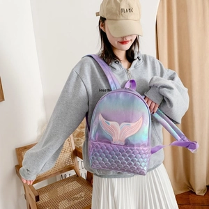 Cute purple laser mermaid backpack with fish scale pattern and elegant embroidery