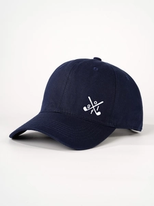 Detail view of navy blue cotton baseball cap featuring white golf clubs embroidery