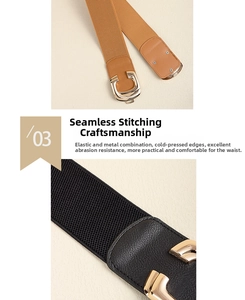 Detailed view of elastic waist belt with C-shape metal buckle and cold oil edge finish