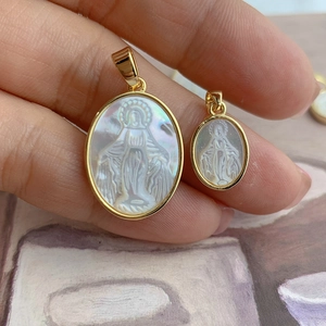 Religious Virgin Mary Pendant Mother Of Artificial Pearl Shell Oval Relief Copper 18K Gold Plated Christian Jewelry For Women