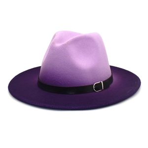 Detail of gradient purple wool fedora hat featuring a black leather belt with metal buckle