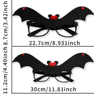 Halloween bat wing glasses frame size comparison in black felt with red dots