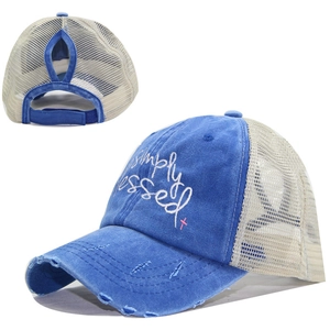 Blue washed cotton baseball cap with ponytail hole and simply blessed embroidery