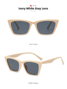 Close-up of ivory white cat-eye sunglasses with grey lenses showing front and side angles