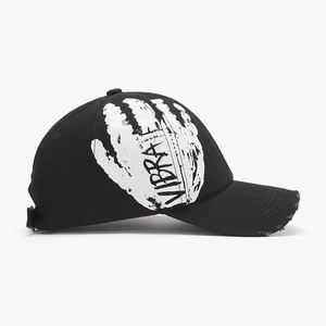 Street style washed cotton baseball cap with handprint graphic and frayed brim