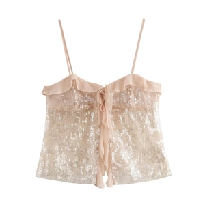 Women Sequined Tank Top Ruffle Trim Mesh Bow Tie Sleeveless Sweet Sparkly Camisole Top Pink