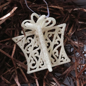 Sparkling white glitter hollow gift box Christmas tree ornament with purple ribbon
