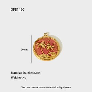 Detail view of 20mm stainless steel palm tree pendant with orange enamel sunset design