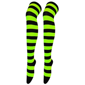 Detail of neon green and black striped over-knee high socks with high elastic texture