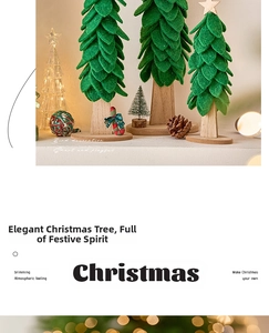 Three green felt Christmas trees with wooden bases and star topper for table decoration