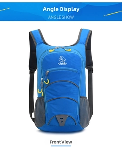 Close-up of lightweight blue outdoor backpack with breathable mesh straps and yellow zippers