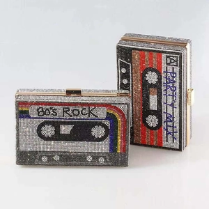 Retro cassette tape evening clutch bags encrusted with rhinestones and 80s rock disco theme