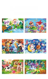 Detailed views of 24-piece wooden puzzles featuring cats, farm animals, and space themes