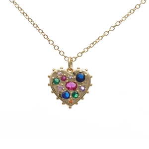 Golden heart necklace with colorful zircon micro-paving stones on a delicate gold chain