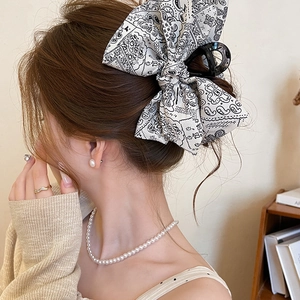 Elegant Korean style large paisley print bow hair claw clip for women back view