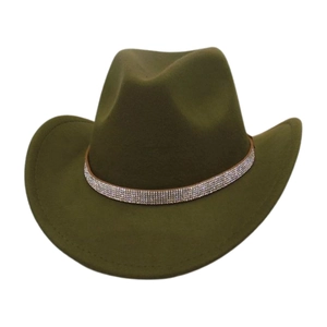Close-up of deep olive green felt cowboy hat featuring a sparkling silver rhinestone band
