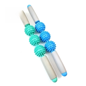 Manual muscle massage roller sticks with three spiky hedgehog balls for deep tissue relief