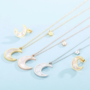 Stainless Steel Mother Of Artificial Pearl Shell Moon Star Necklace And Earrings Fashion Jewelry For Women Elegant Niche Design