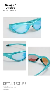 Detailed views of cyan sporty wraparound sunglasses with blue mirrored polarized lenses