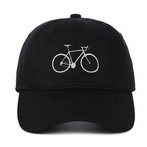 Black cotton baseball cap with white bicycle embroidery on minimalist classic 6-panel hat