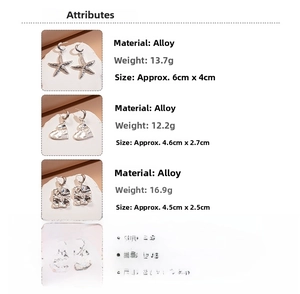 Detail view of silver starfish and heart earrings with dimensions and alloy specs