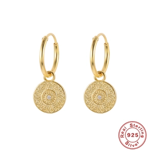 Bohemian S925 sterling silver hoop earrings with sunburst moon phase medallion charms