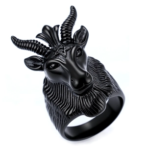 Matte black stainless steel Baphomet goat head ring with engraved pentagram detail
