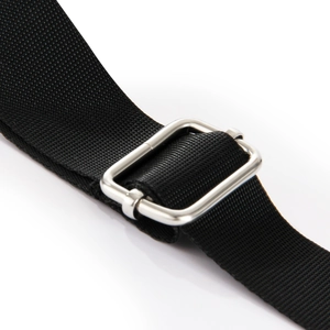 Macro detail of high-density black nylon strap with adjustable silver metal buckle