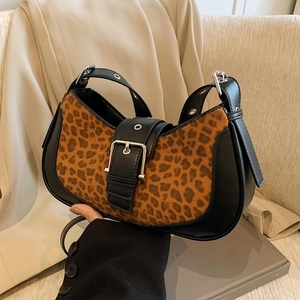Borsa A Spalla Con Stampa Leopardata Tessuto In Pelle PU Tracolla Regolabile Fibbia In Metallo Stile Hobo Retro Donna