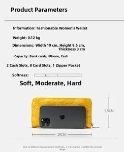 Detailed view of yellow long wallet dimensions with card slots and zipper pocket info