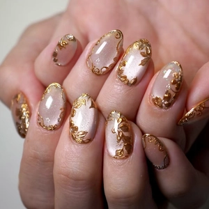 Press On Nails Short Oval Cat Eye Effect With 3D Gold Relief Floral Design Elegant Glossy Artificial Fake Finger Nails For Women