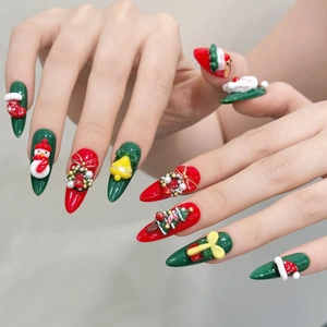Handmade 3D Santa Claus press-on nails with festive reindeer and Christmas tree designs