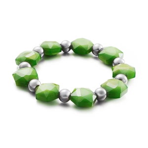 Bohemian stretch bracelet with faceted green crystal beads and silver steel spheres