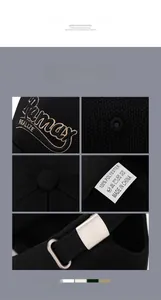Detail showing premium 3D embroidery on black polyester baseball cap with metal buckle