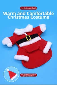 Flat lay of red velvet Santa costume for dogs with white fur trim and a matching hat