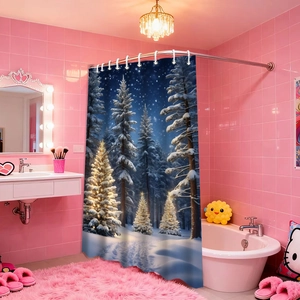 Detailed close-up of winter snow forest shower curtain in a modern bathroom setup