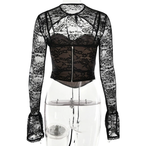 Detail of black lace top back view featuring floral patterns and silver zipper closure