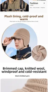 Close-up of warm winter knitted hat featuring thick fleece lining and ear protection